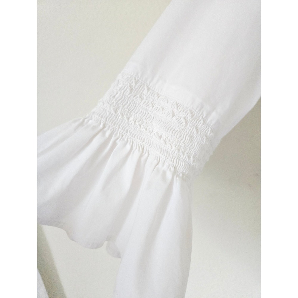 J Jill White Shirt Collection Smocked Ruffle Bell Sleeve Boat Neck Top Large‎ - Picture 2 of 8